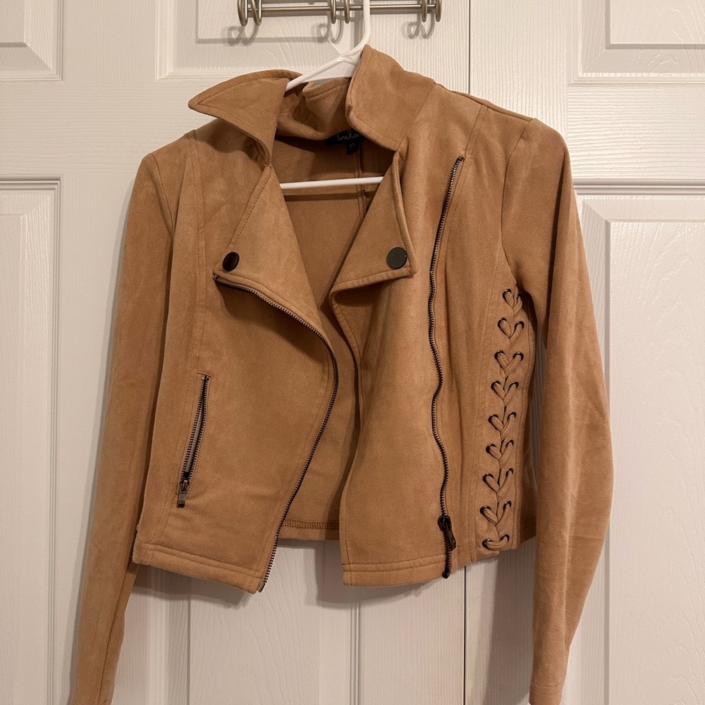 Lulu's Camel/Tan Lace-Up Suede Moto Jacket